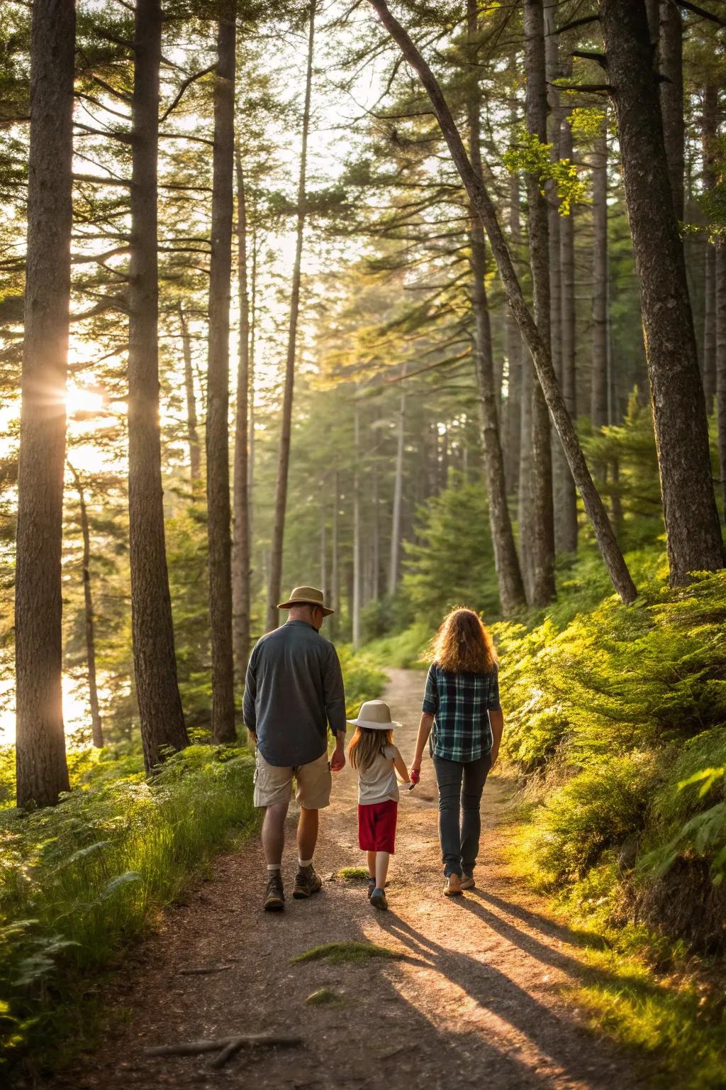 A family expedition on a picturesque Maine hiking pathway.