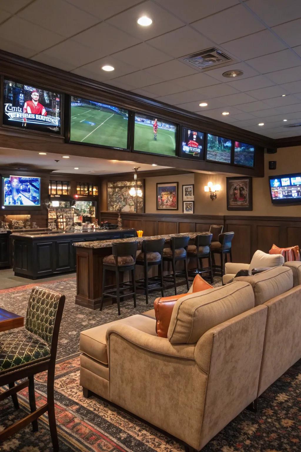 Immerse yourself in the game with a dedicated sports bar in your man cave.