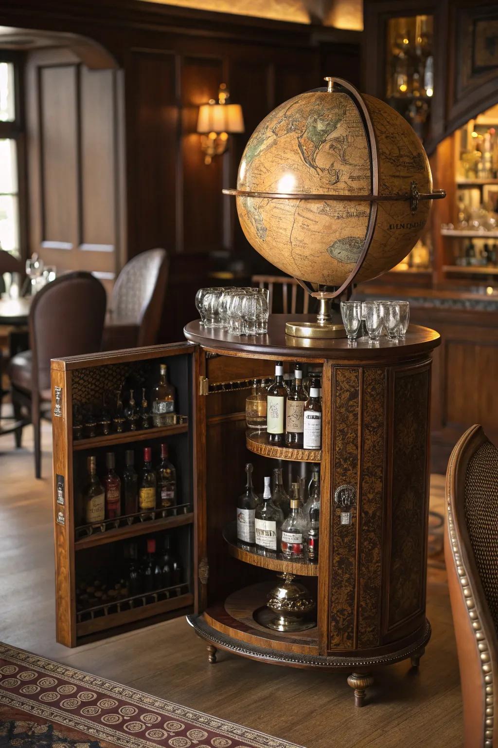 A vintage globe bar functions as a stylish and practical centerpiece.