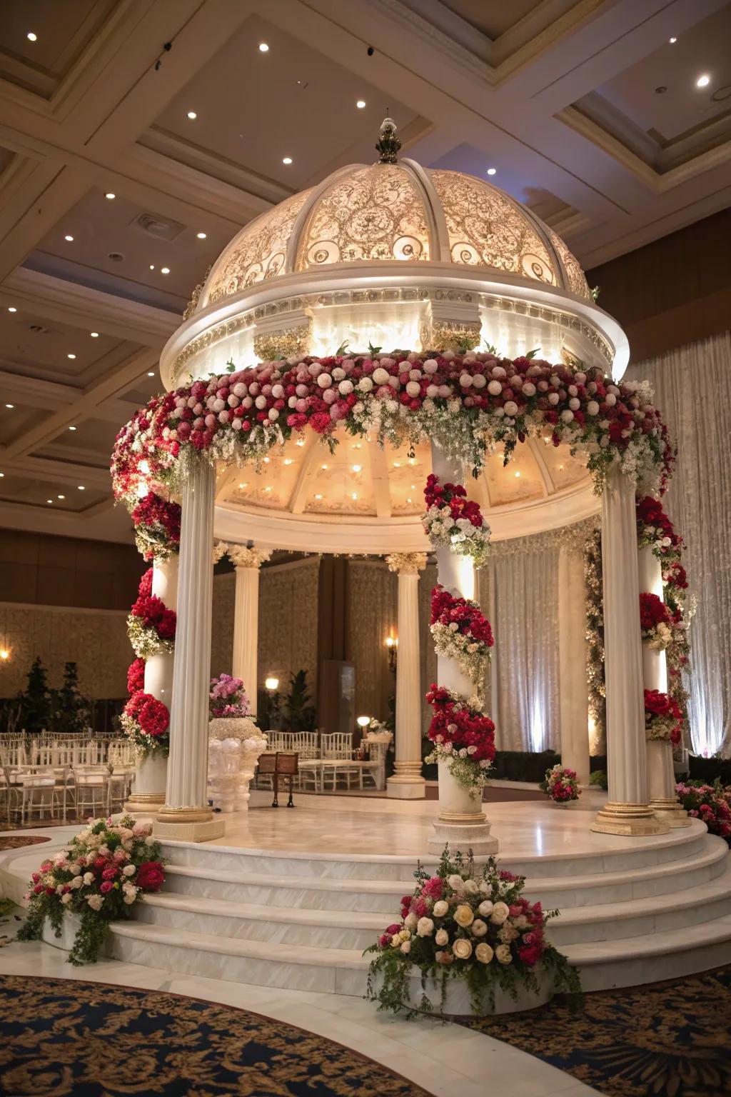 A lavish blossom-adorned vault mandap cultivates a captivating centerpiece.