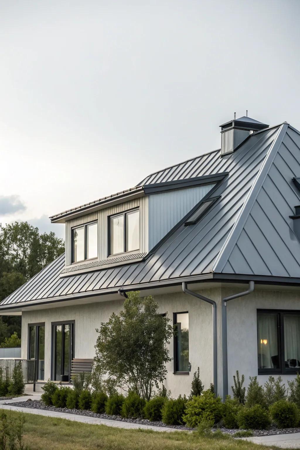Metal roofing introduces a cutting-edge touch to this mansard roof.
