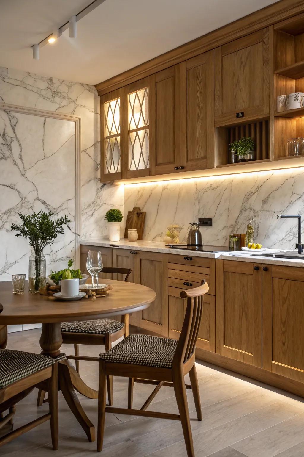A harmonious blend of marble and wood creating a cozy kitchen setting.
