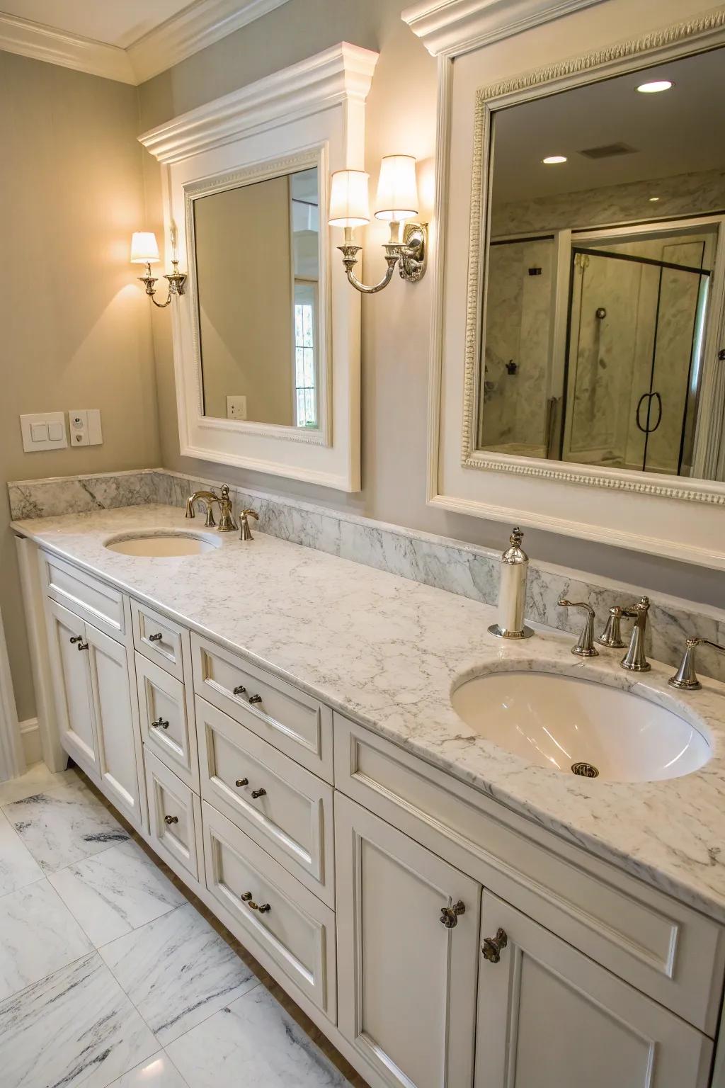 Dual sink vanities offer use and style with a marble flat surface.