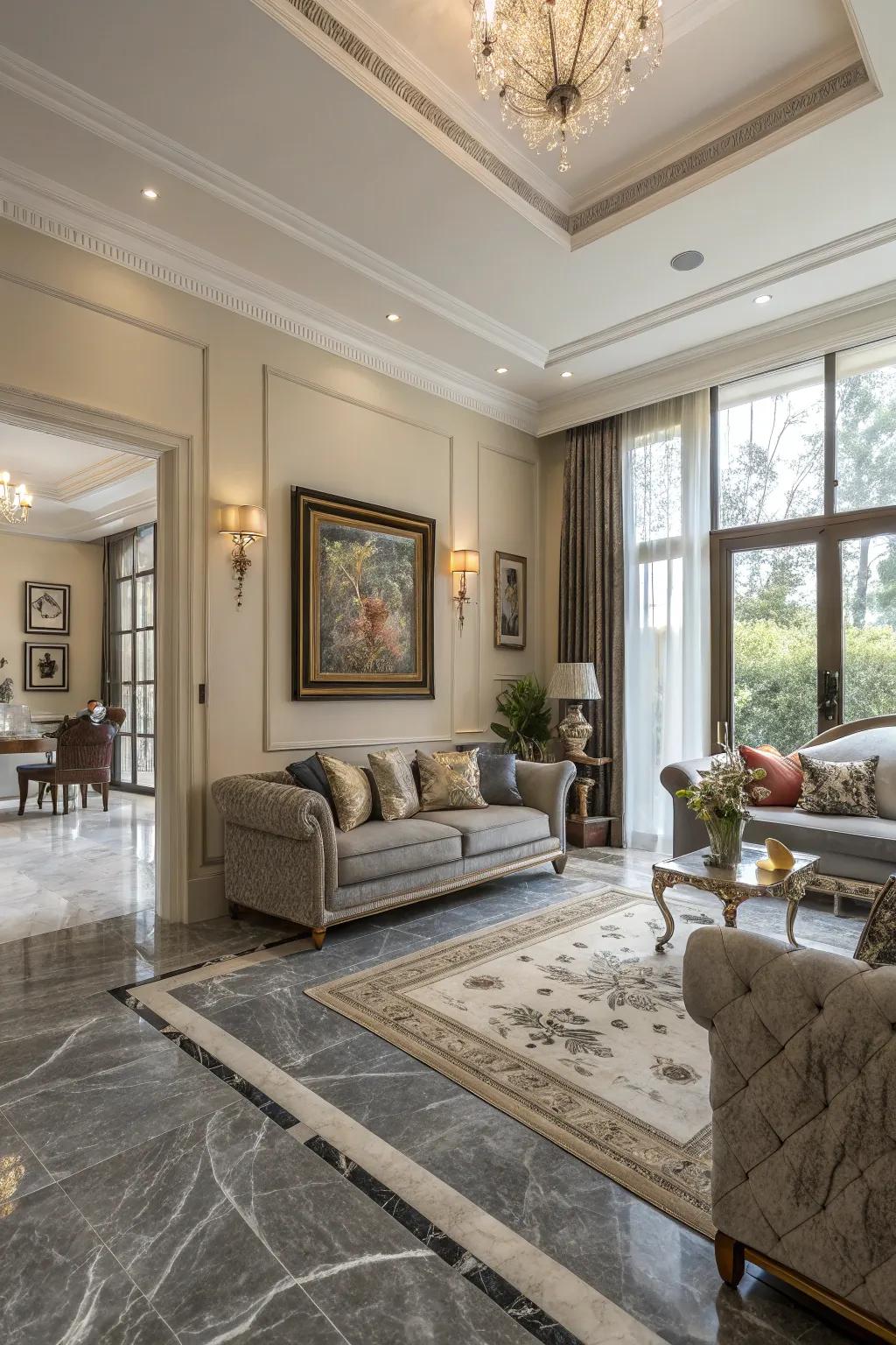 Grey stone flooring offers timeless sophistication.