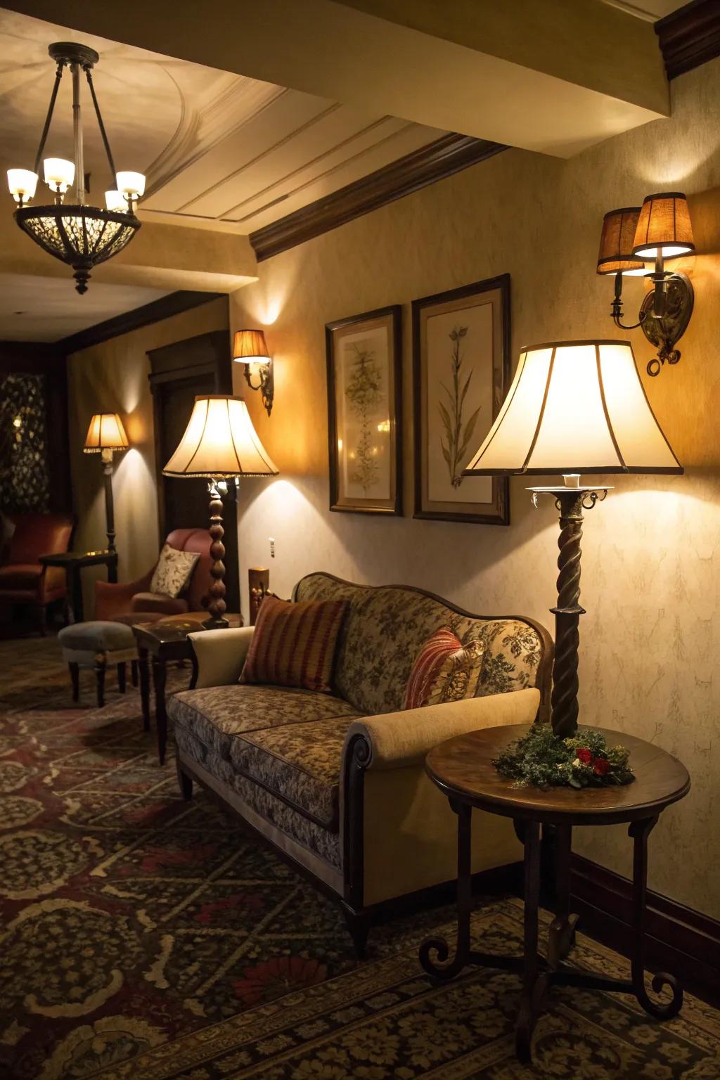 Soft lighting sets a relaxing mood in the den.