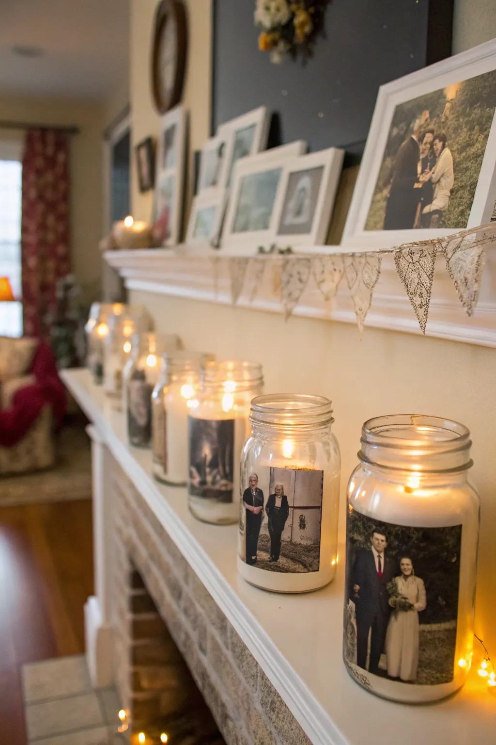 Nostalgic preserving-style jar photo displays on a mantel.