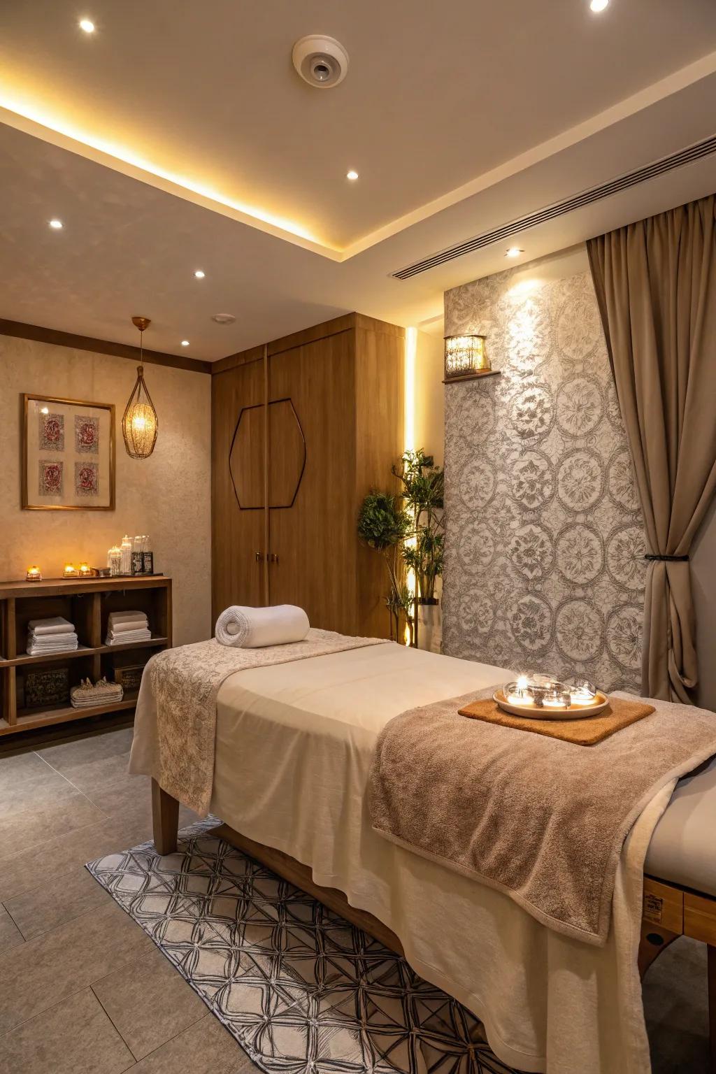 A massage room showcasing a comfortable massage table with plush linens.