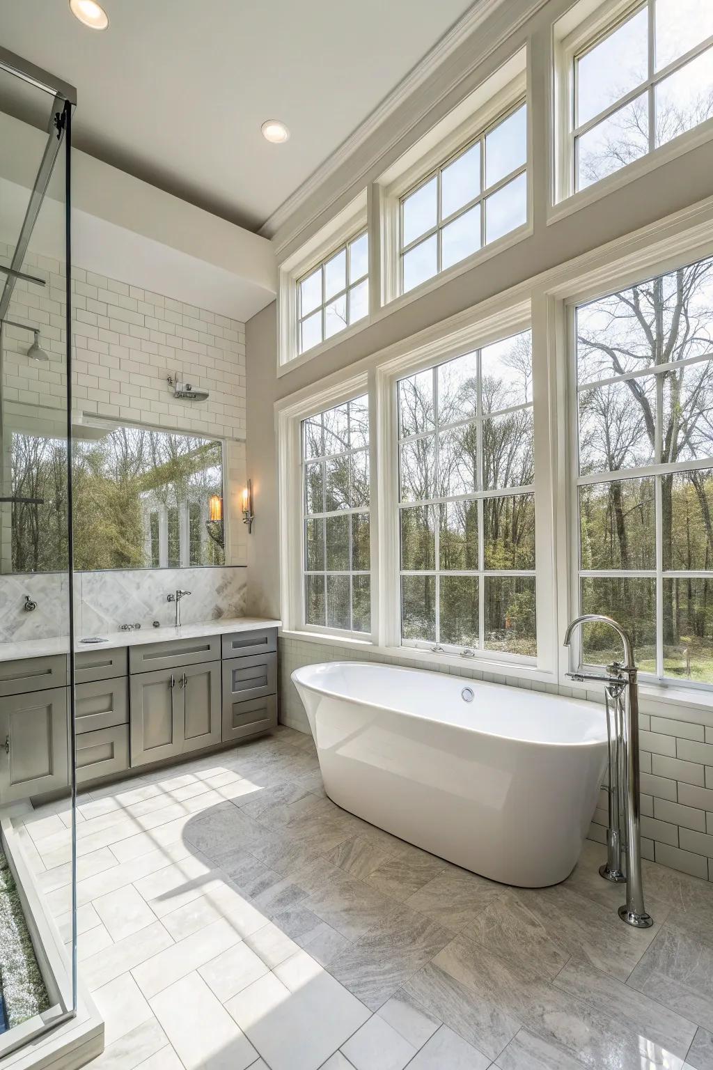 Sunlight floods this primary bathroom, establishing a radiant and welcoming personal space.