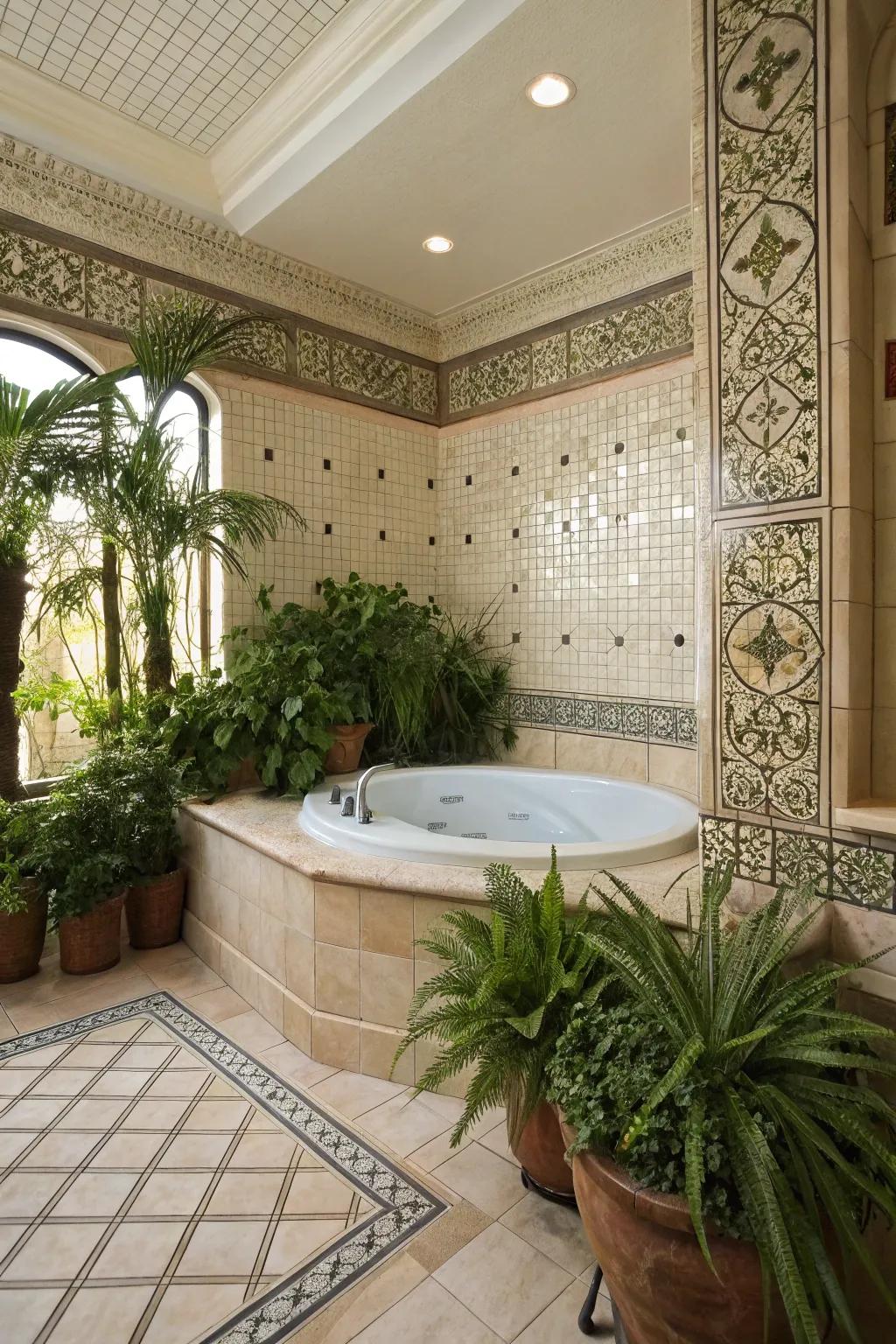 This master bathroom's personality is enhanced by the addition of ornamental accents.