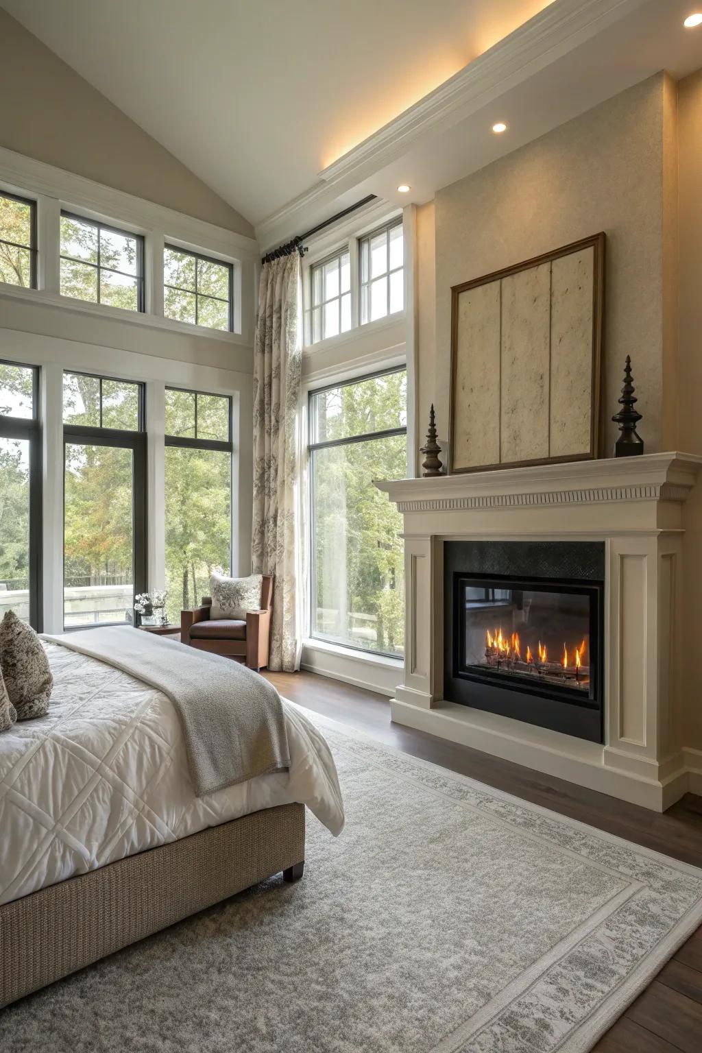 Natural light enriches the warmth of the electric fireplace in this bright bedroom.