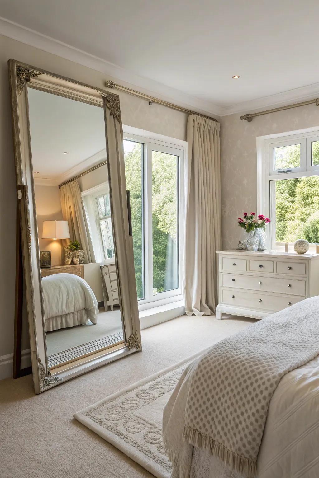 Mirrors maximize light and expand space in a primary bedroom.