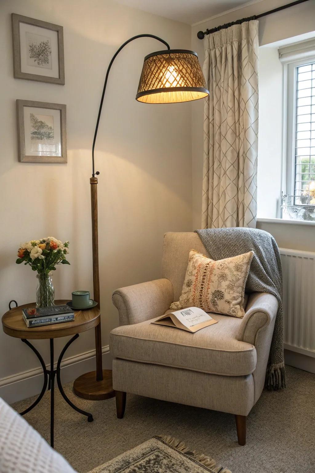 A floor lamp makes for a welcoming reading area.
