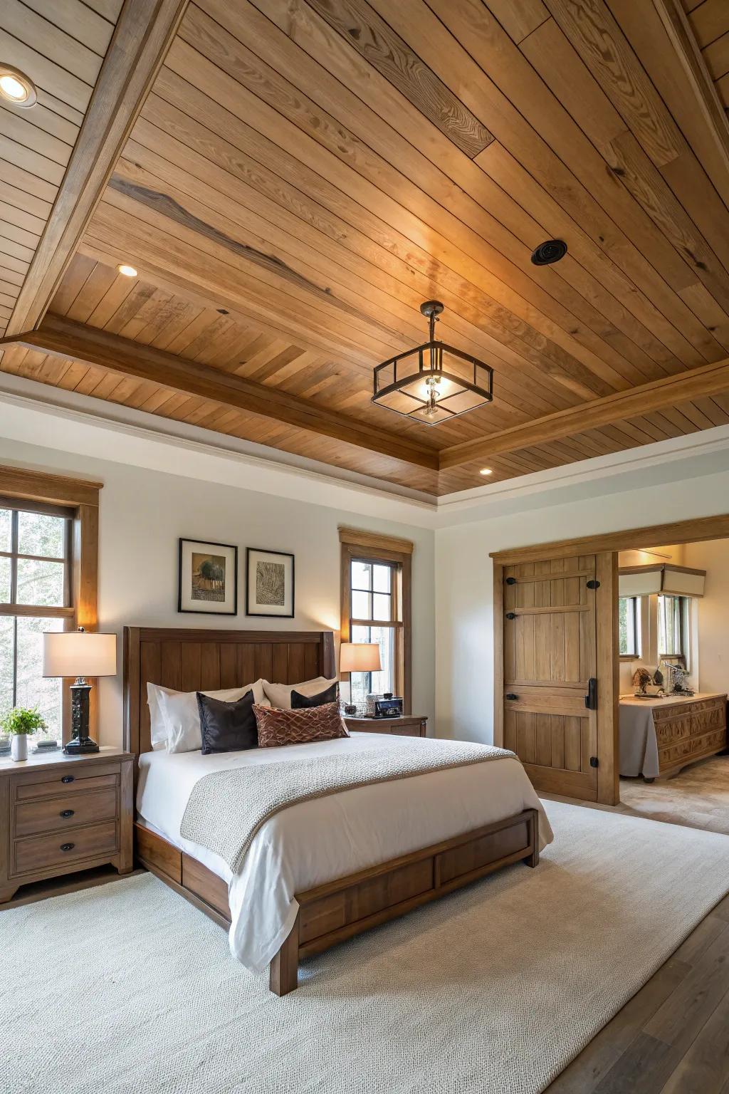 Timber paneling fills your tray ceiling with a warm, rustic charm.