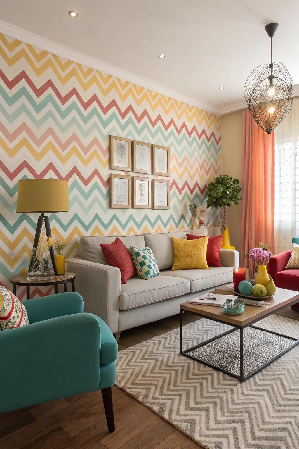 Zigzag wallpaper infuses dynamic vitality into a modern family room.