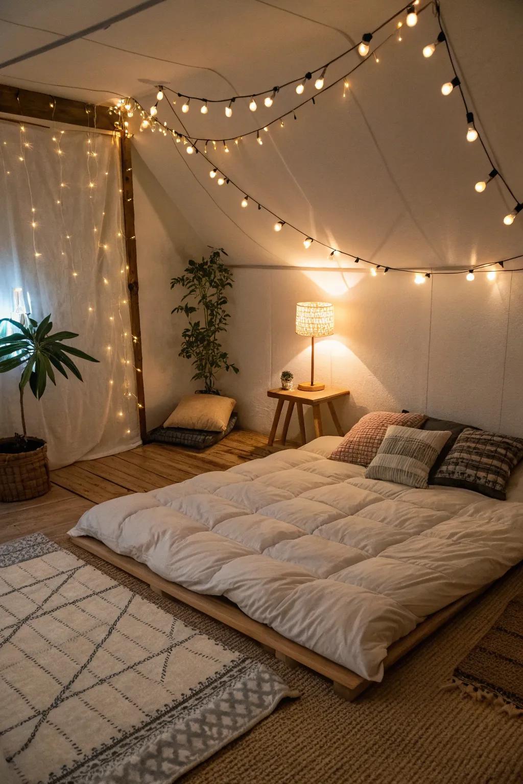 Soft lighting establishes an intimate mood.