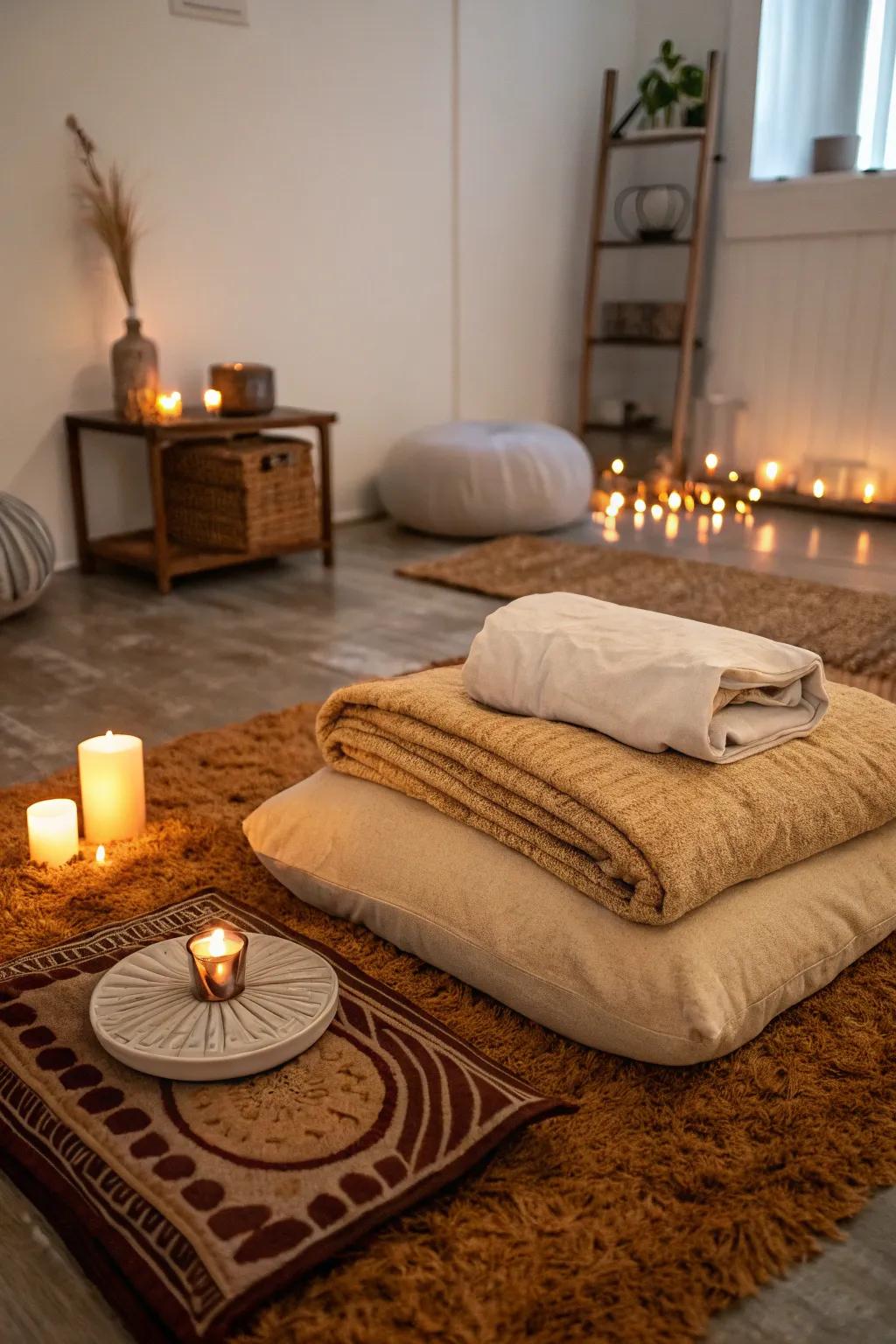 A soft throw and rug make your meditation corner comfy and welcoming.