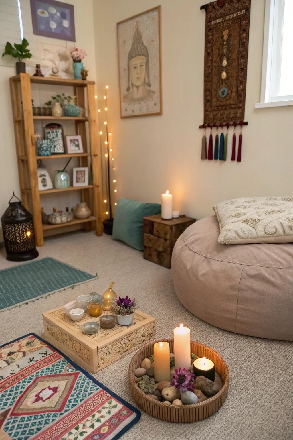 A meditation space with personal items and spiritual symbols.
