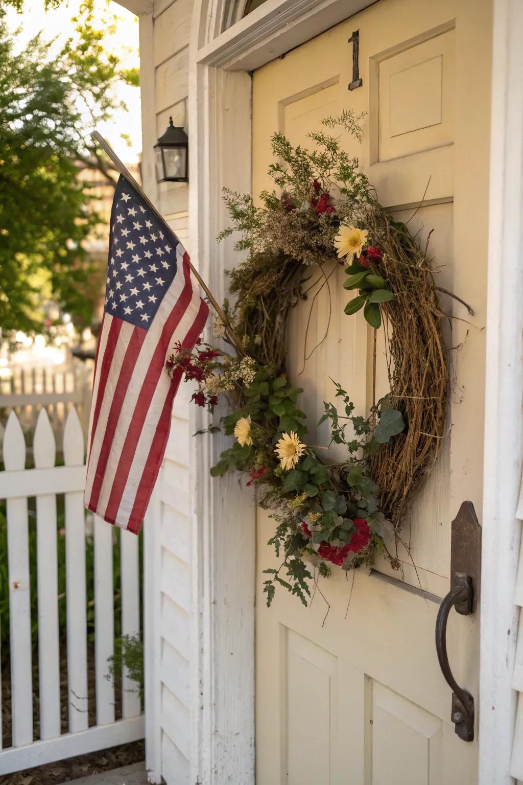 A vintage-inspired wreath highlighting an old Stars and Stripes banner.