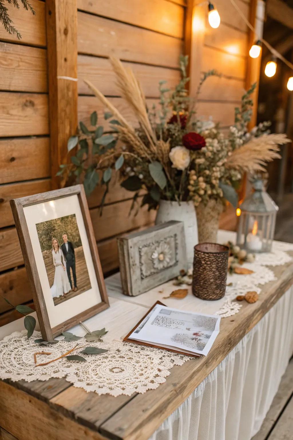 The backdrop of rustic wood enhances the charm and warmth of a memory setting.
