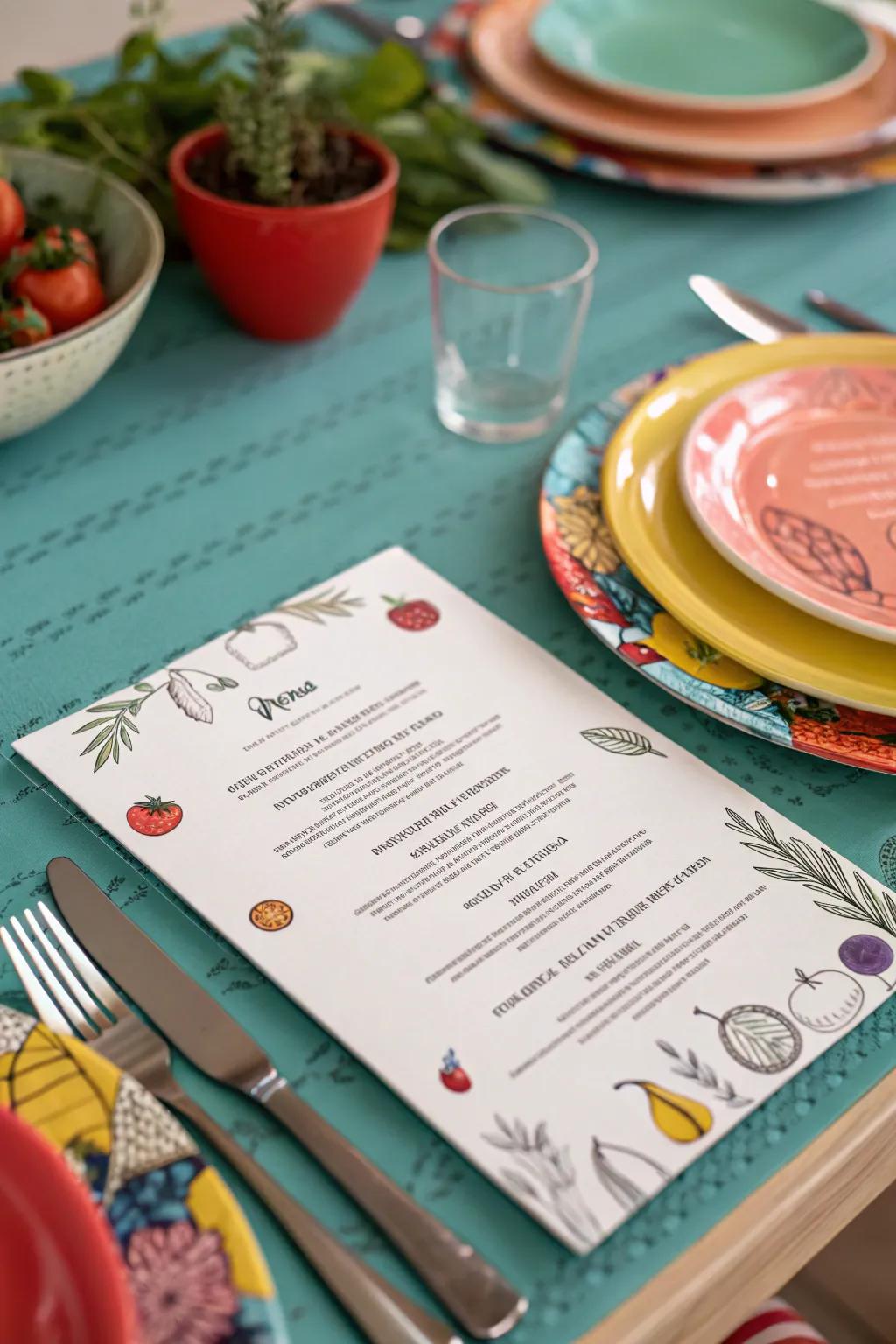 Cuisine-themed backdrops produce an engaging and appetizing menu.