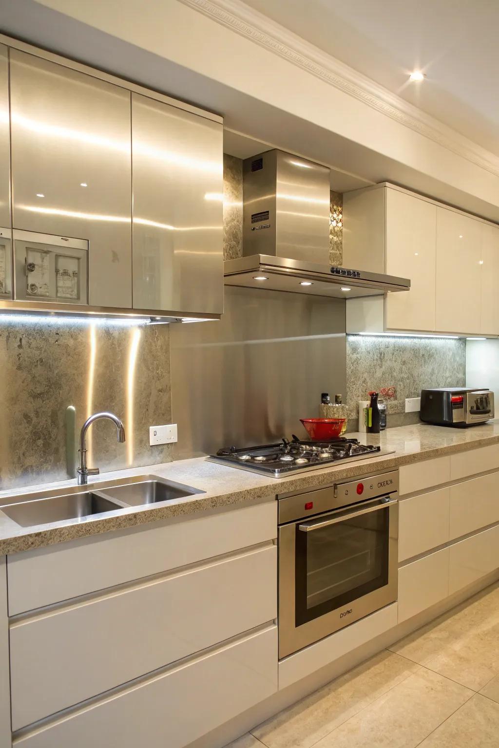 A kitchen with a seamless reflective metallic sheet backsplash.