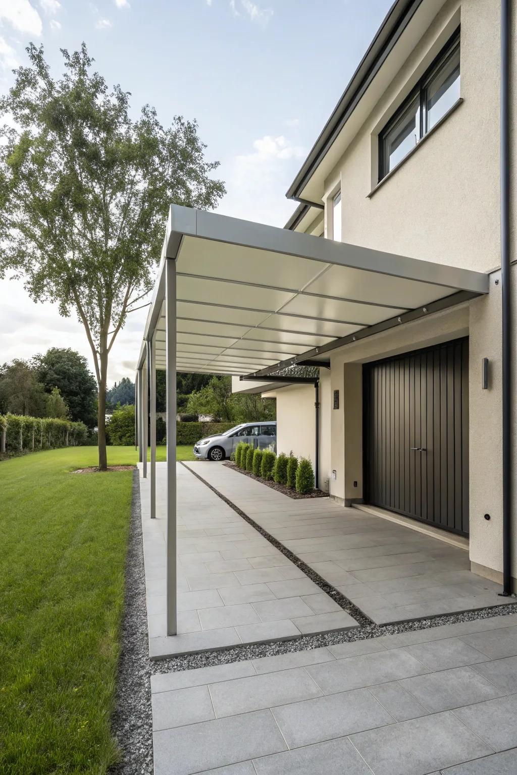 A minimalist carport enhances modern architectural aesthetics.