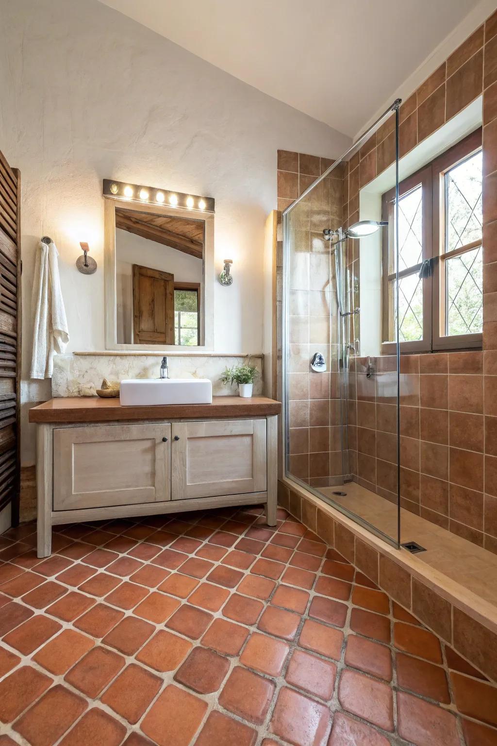 Earthenware surfaces bring homespun charm to the floor.