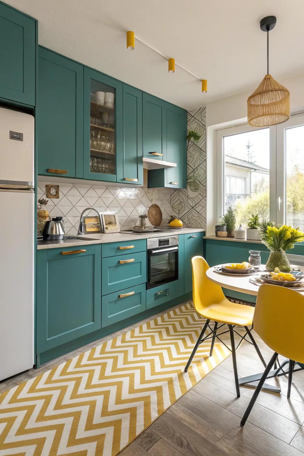 The striking teal and mustard colors make a statement in this kitchen.
