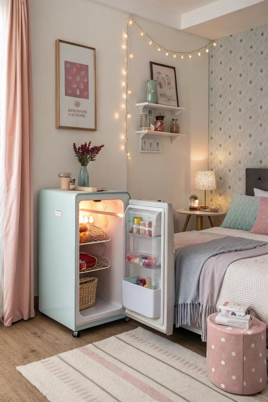 A hue-synchronized small refrigerator enhancing bedroom decoration.