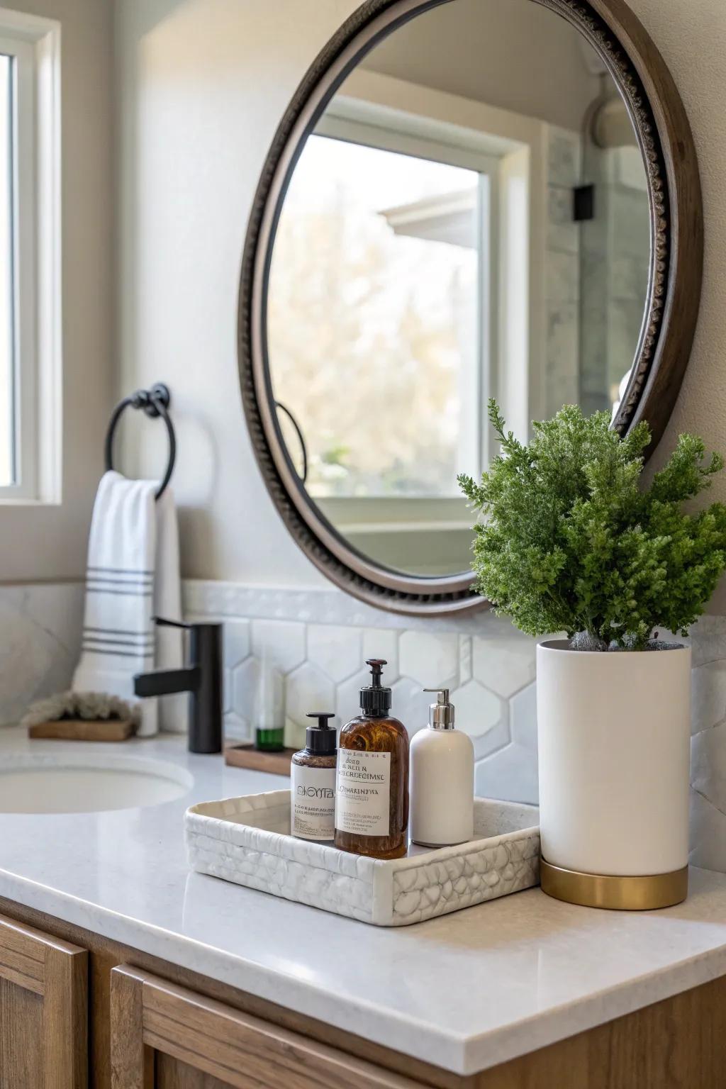 A disc-shaped reflector acts as a stylish highlight in the bathroom.