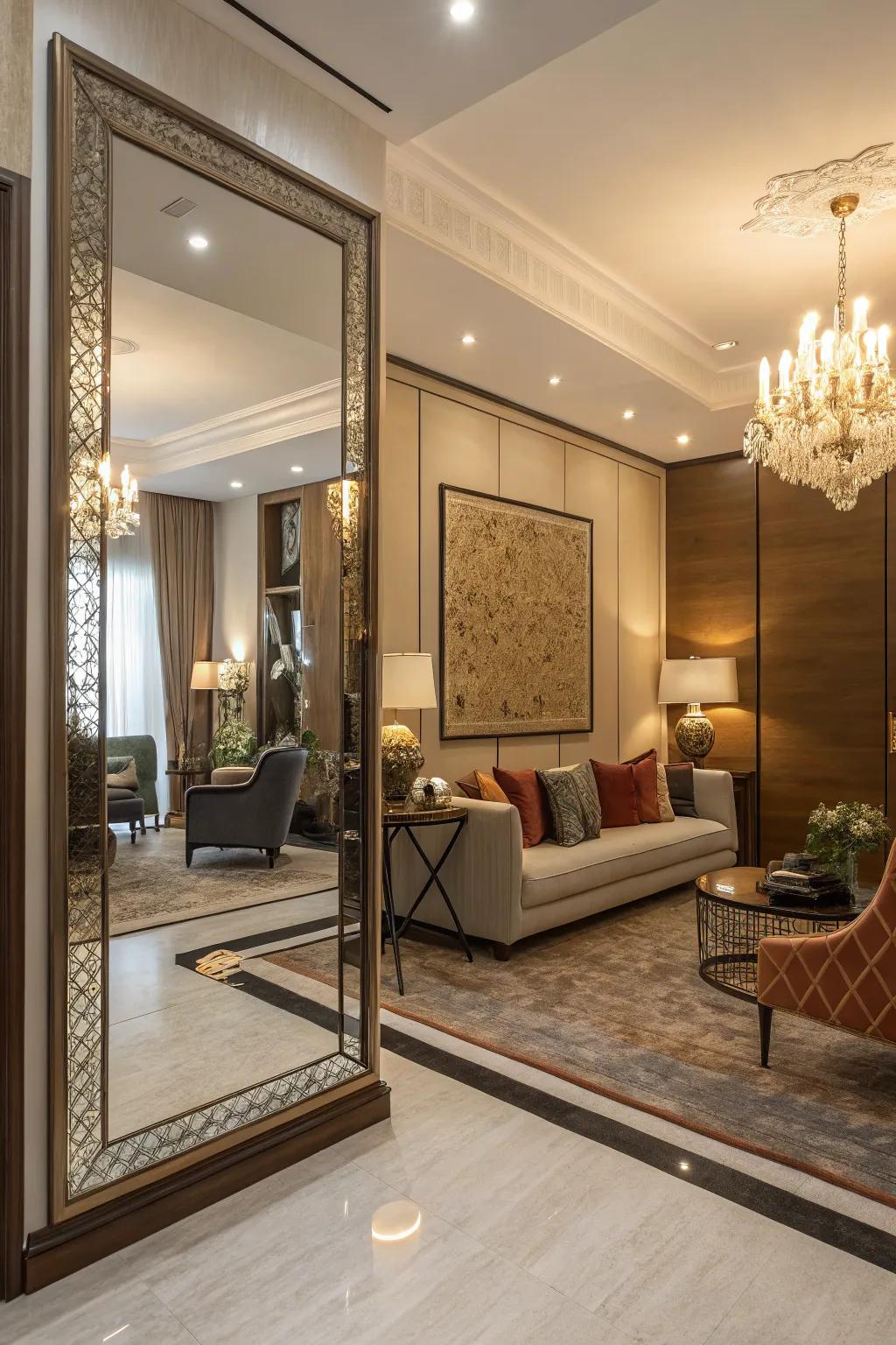 Floor-to-ceiling mirrors create the illusion of expansive space.