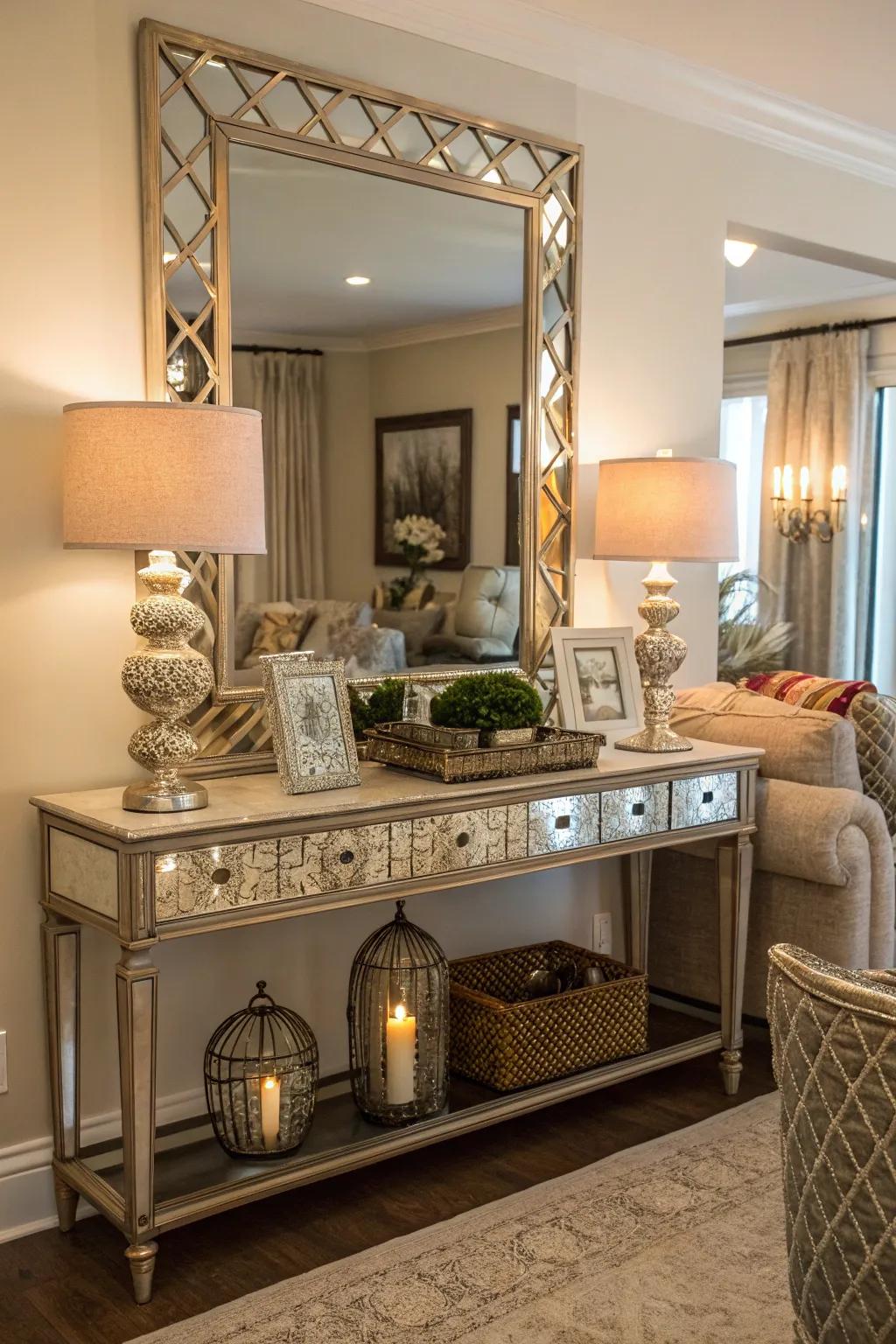 Reflector-adorned furniture contributes a touch of sophistication.