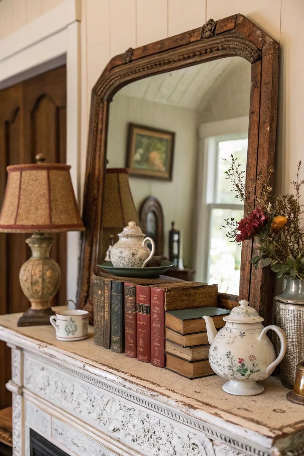 A vintage mirror that has a shelf, ideal for incorporating character to any space.