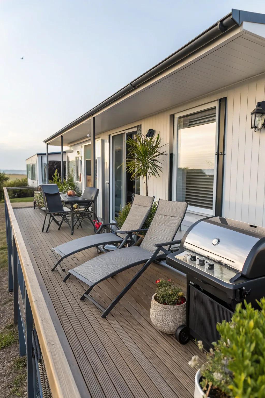 A fashionable patio featuring lounge seating and a barbecue grill, ideal for outdoor amusement.