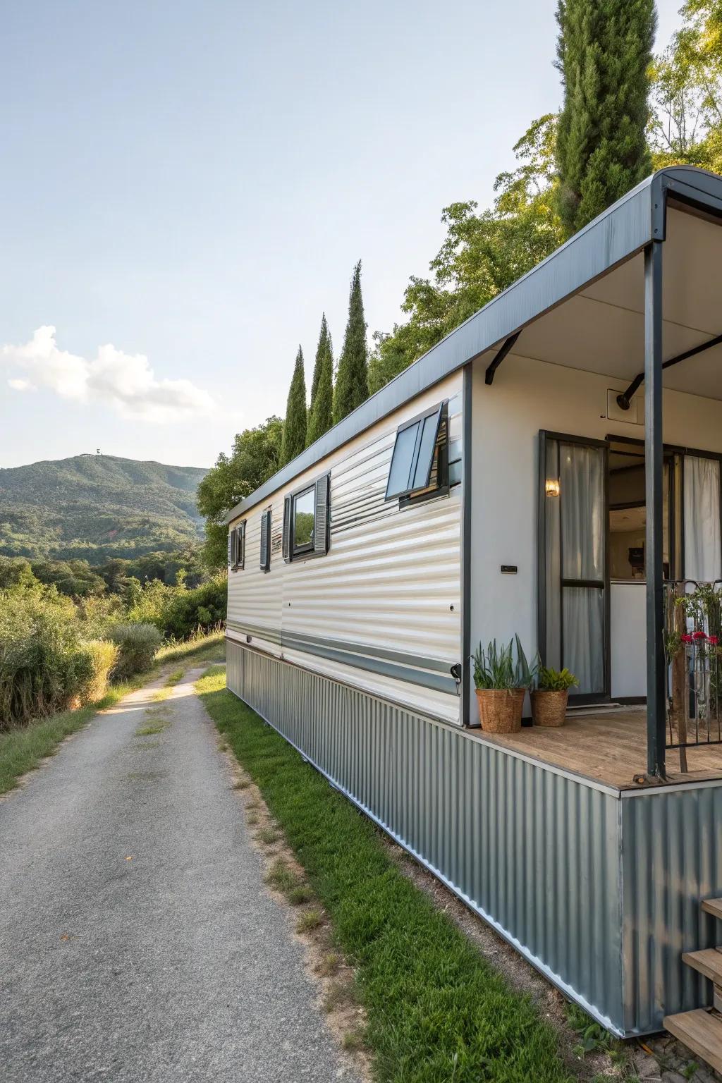 Metal base coverings provide a mobile home with a polished, industrial appearance.