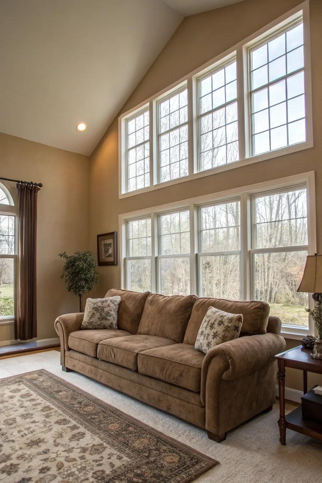 Natural illumination enhances the airy ambiance surrounding the chocolate-brown sofa.