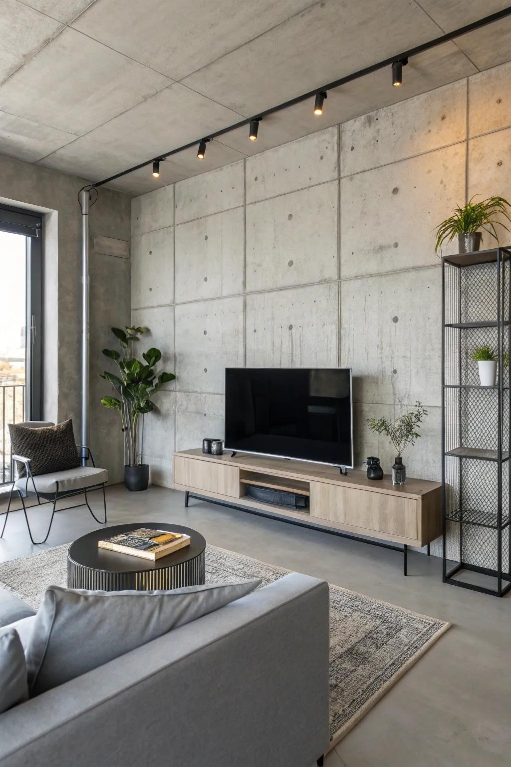Concrete design gives an industrial twist to the TV space.