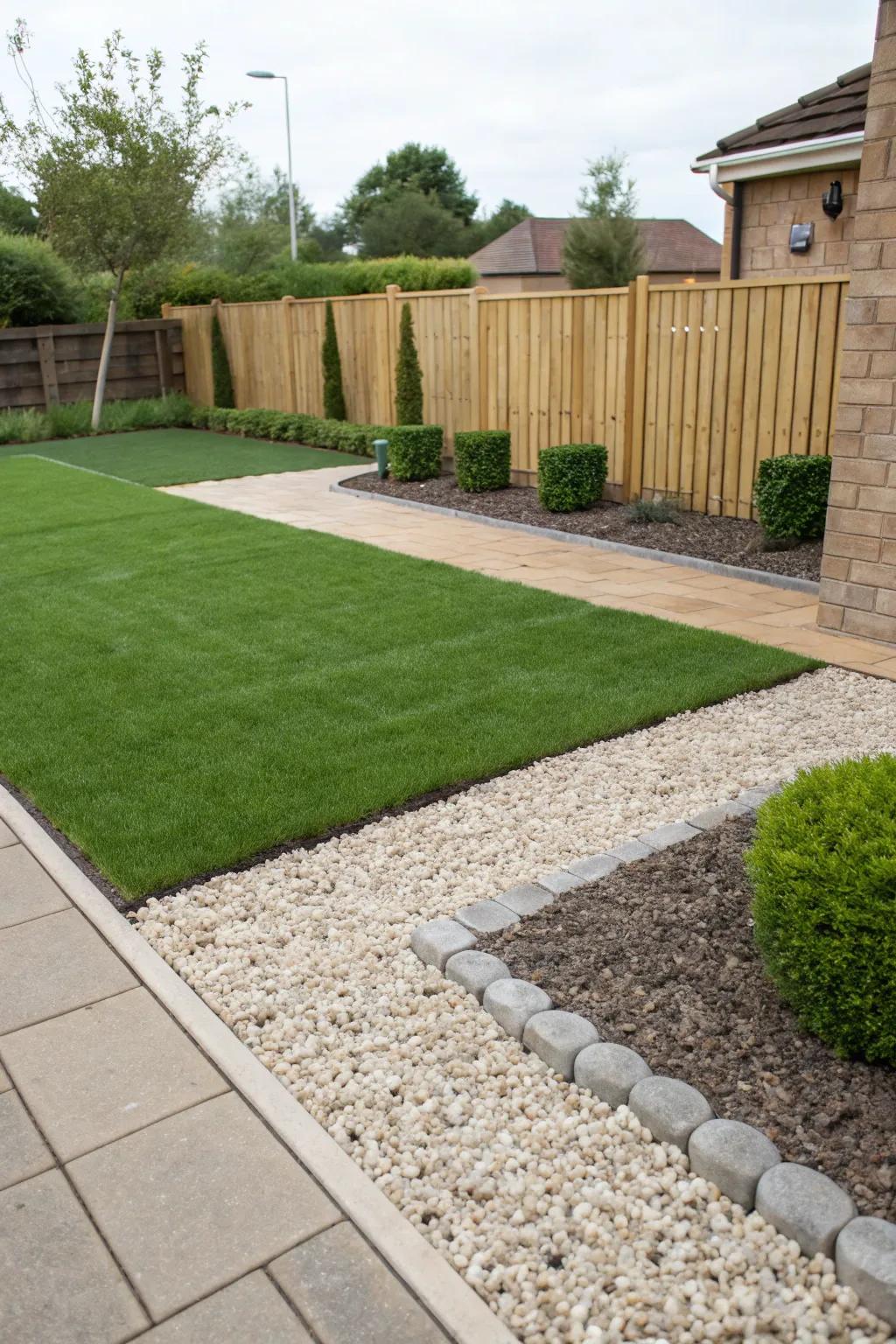 A modern front yard design featuring artificial grass and contrasting gravel.
