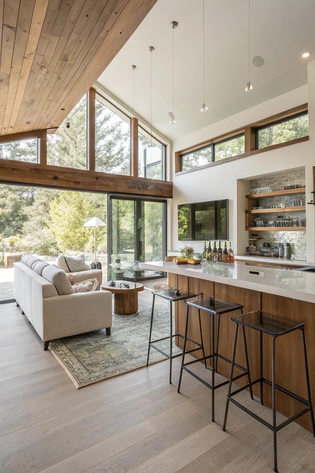 An open concept layout that beautifully incorporates a modern bar.