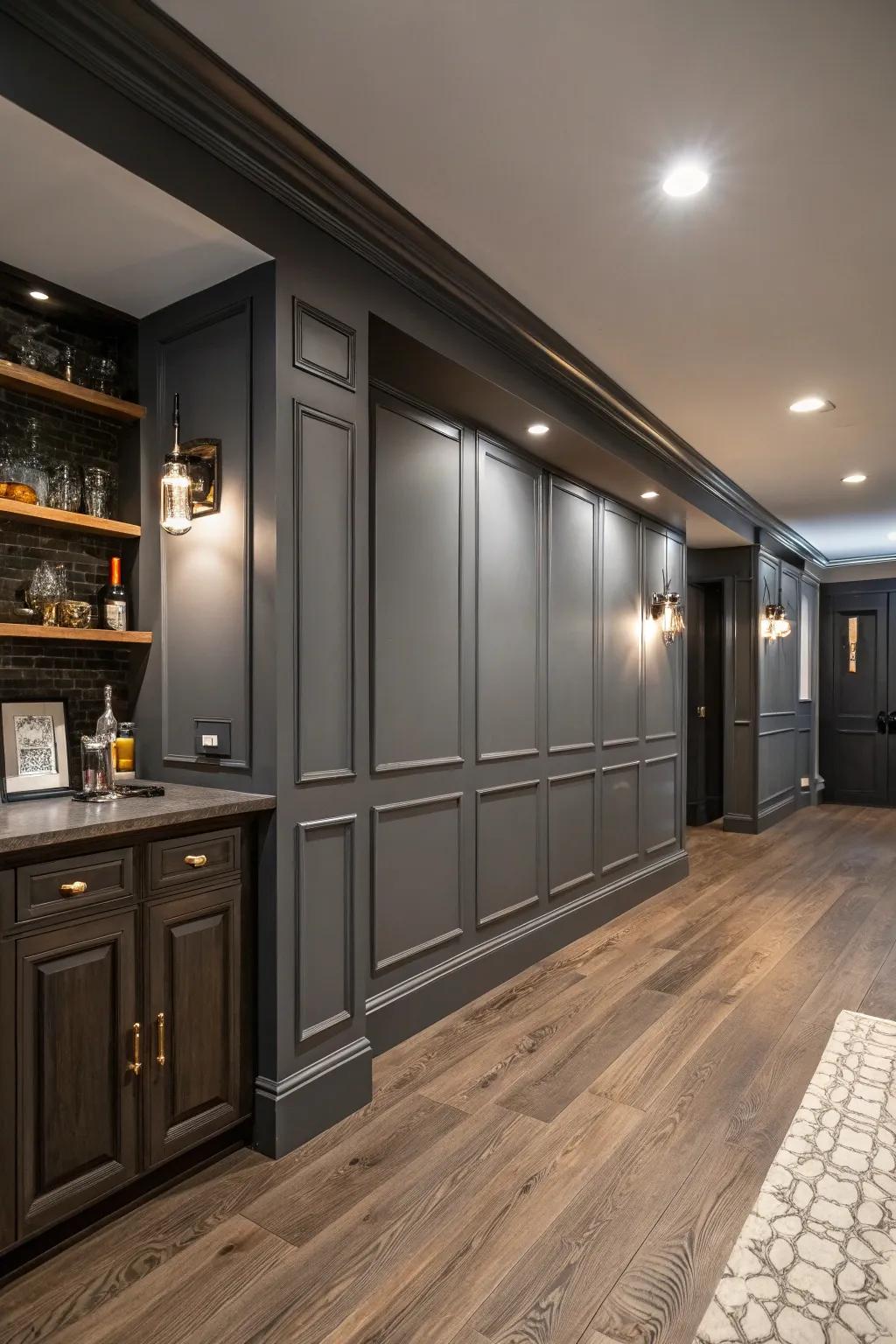 Misty slate crafts a sleek and refined basement setting.