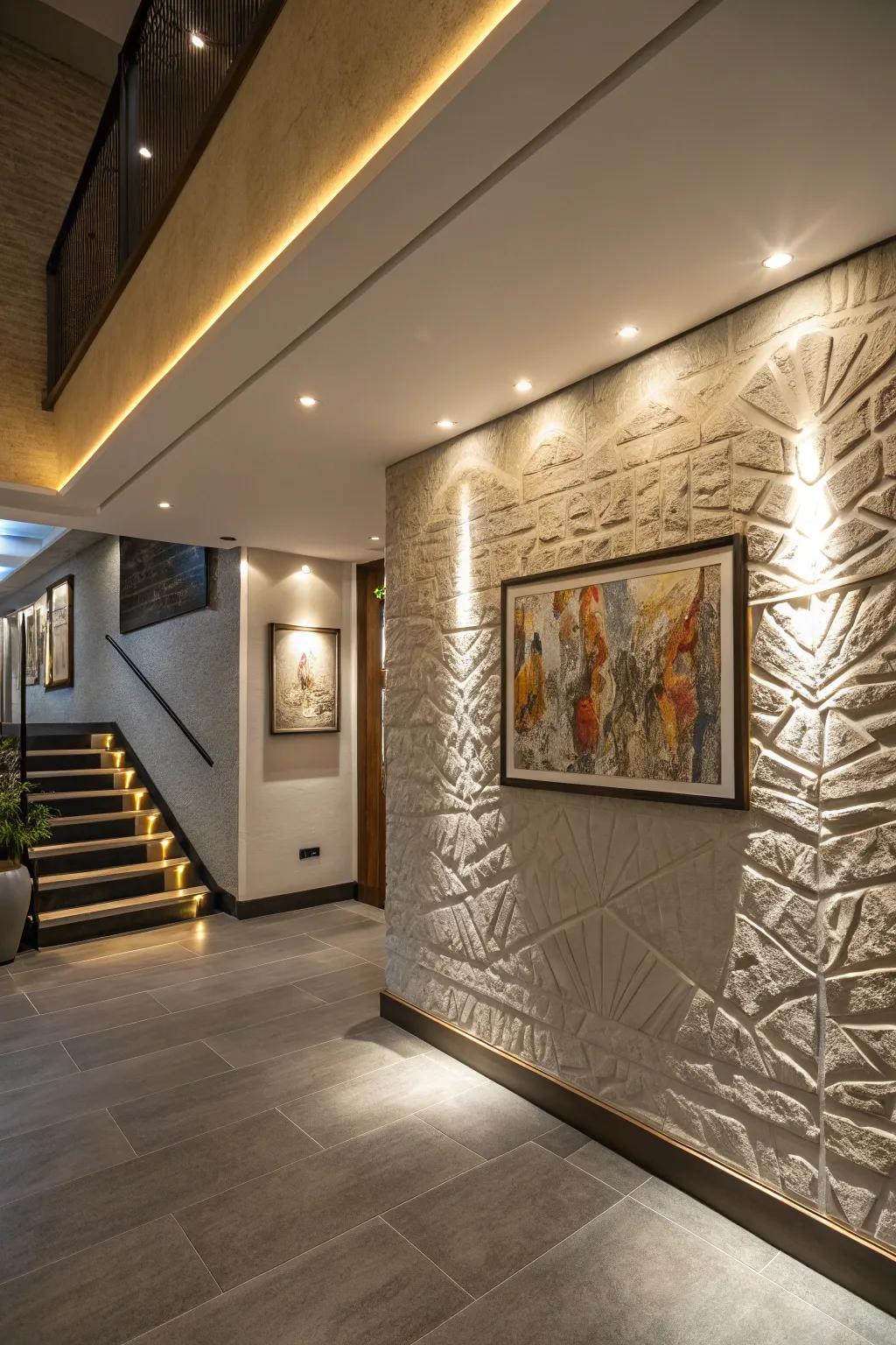 The textures and artwork are brought out by accent lighting, which gives the basement more depth.