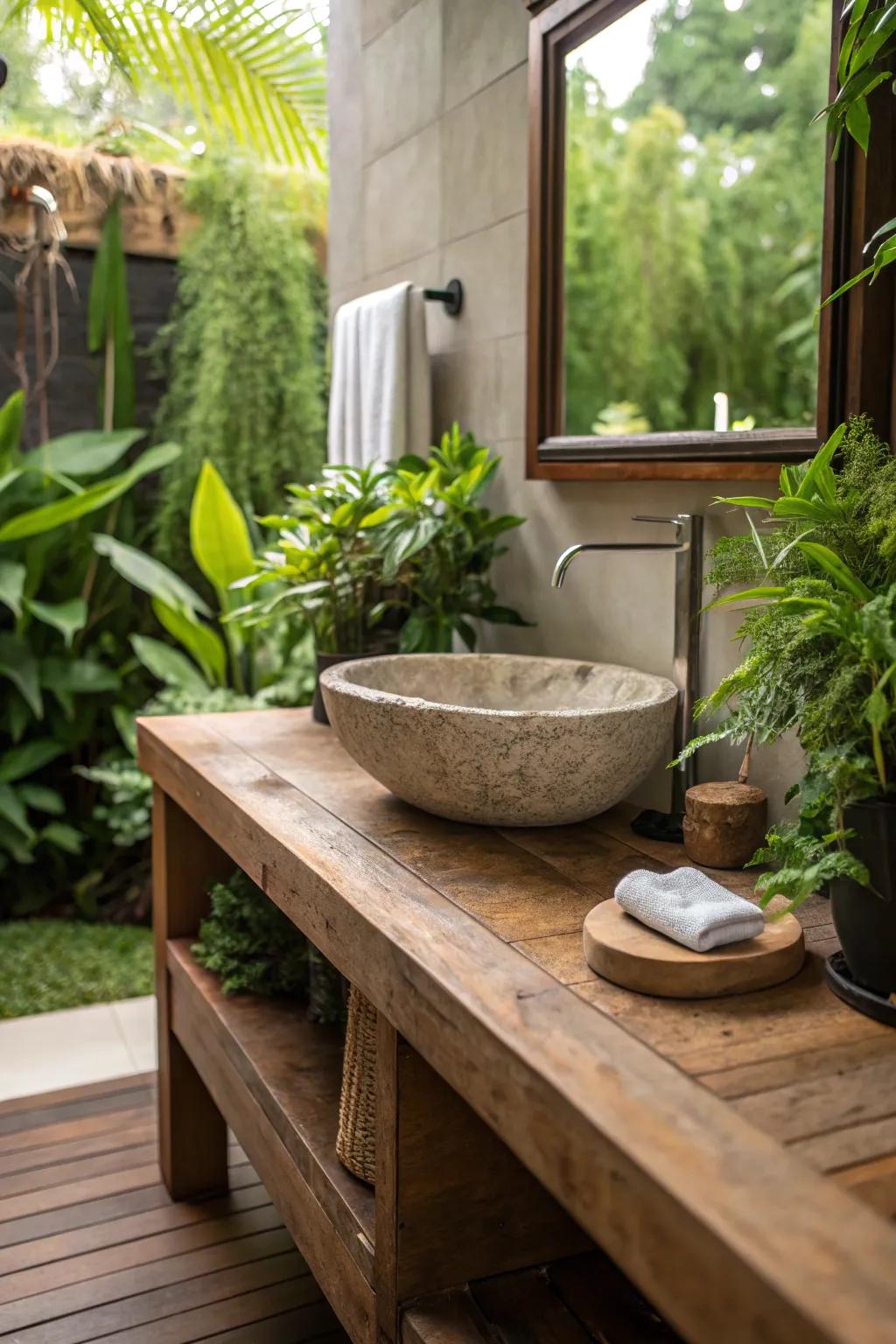 Natural features bring warmth to modern bathrooms.