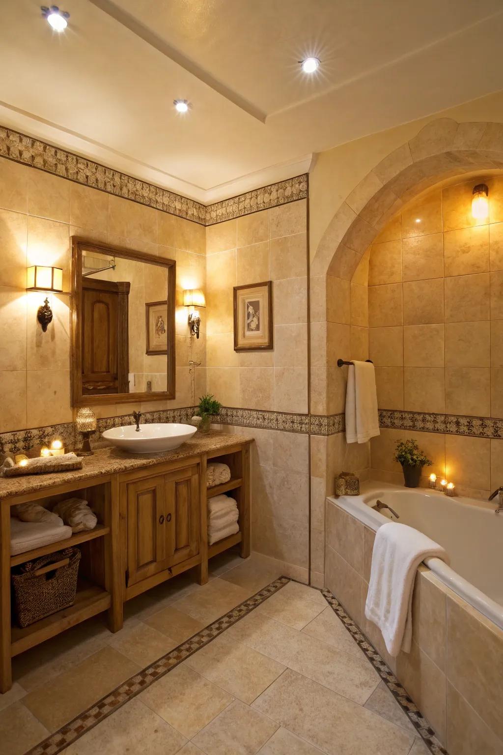 Warm illumination complements the calming shades of a beige bathroom.