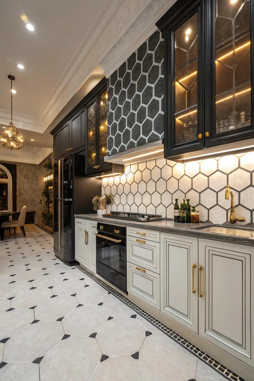 Retro charm harmonizes with modern design via hexagonal tiles.