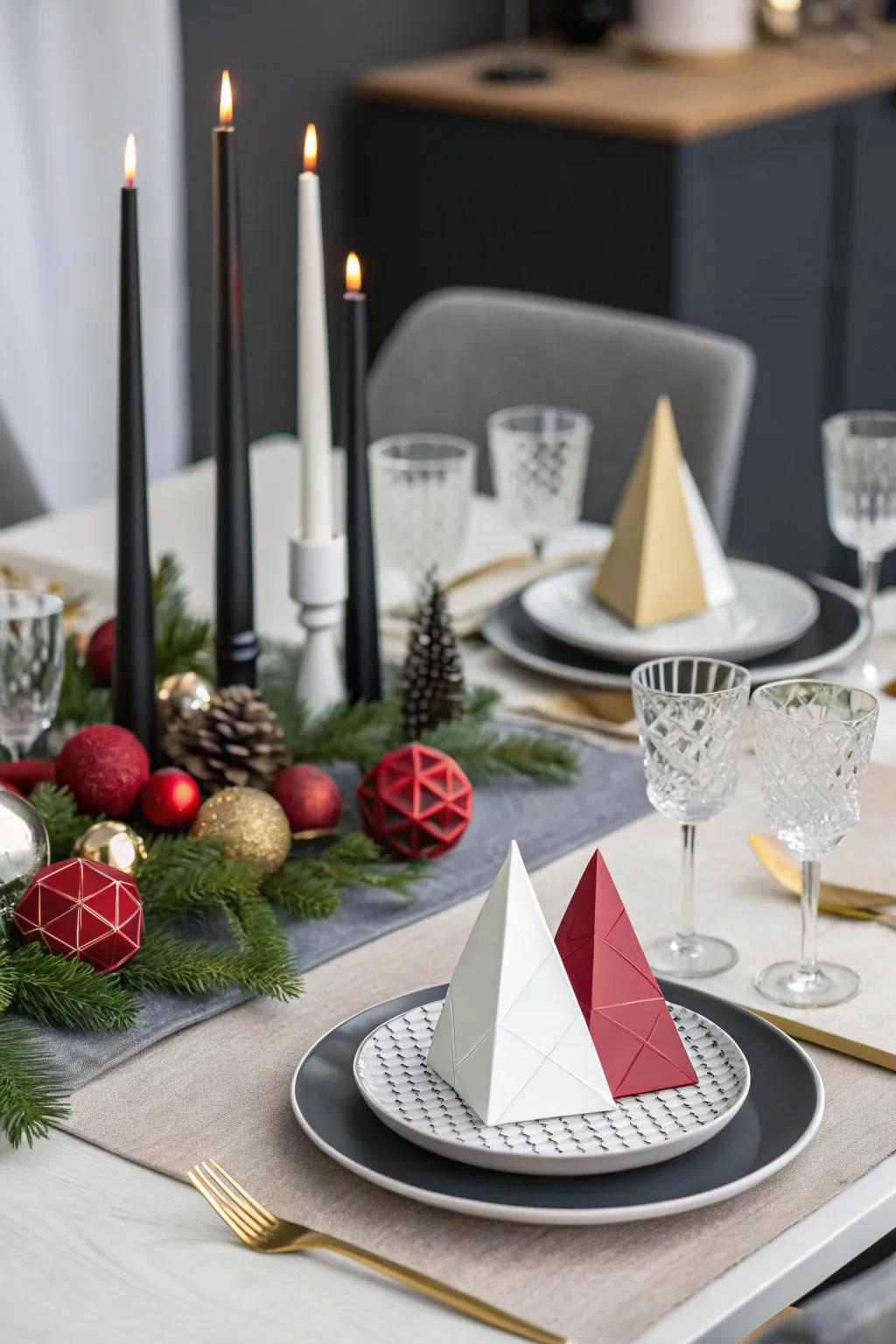 A contemporary table arrangement with geometric ornaments and streamlined dinnerware.