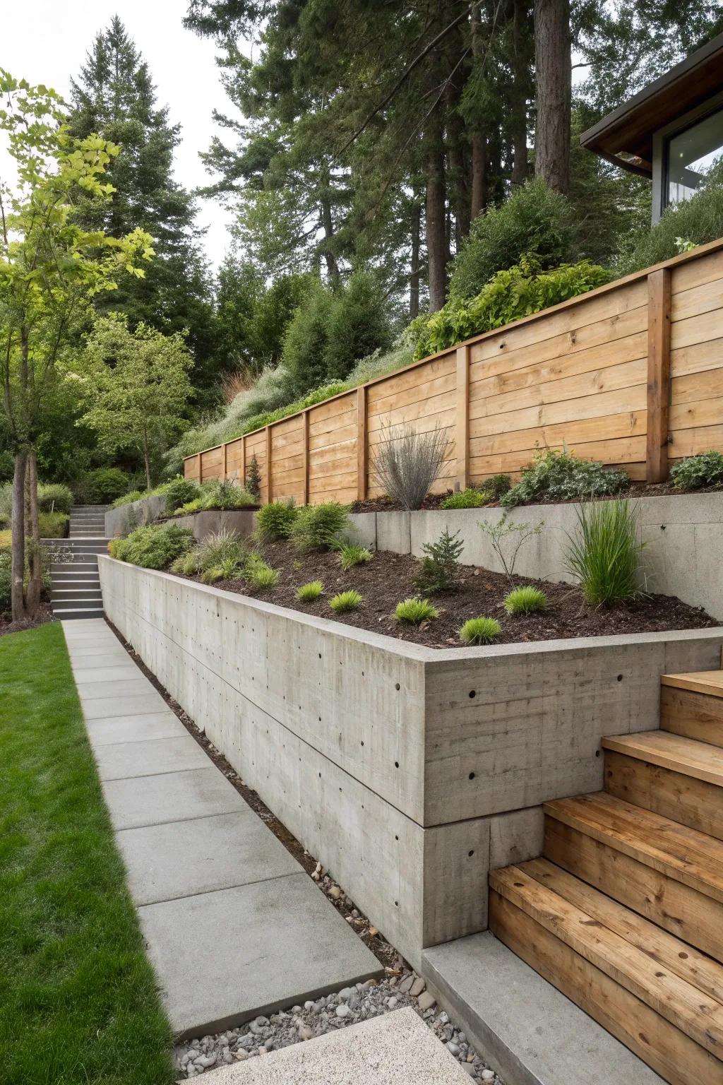 A fusion of concrete and timber culminating in a striking retaining wall pattern.