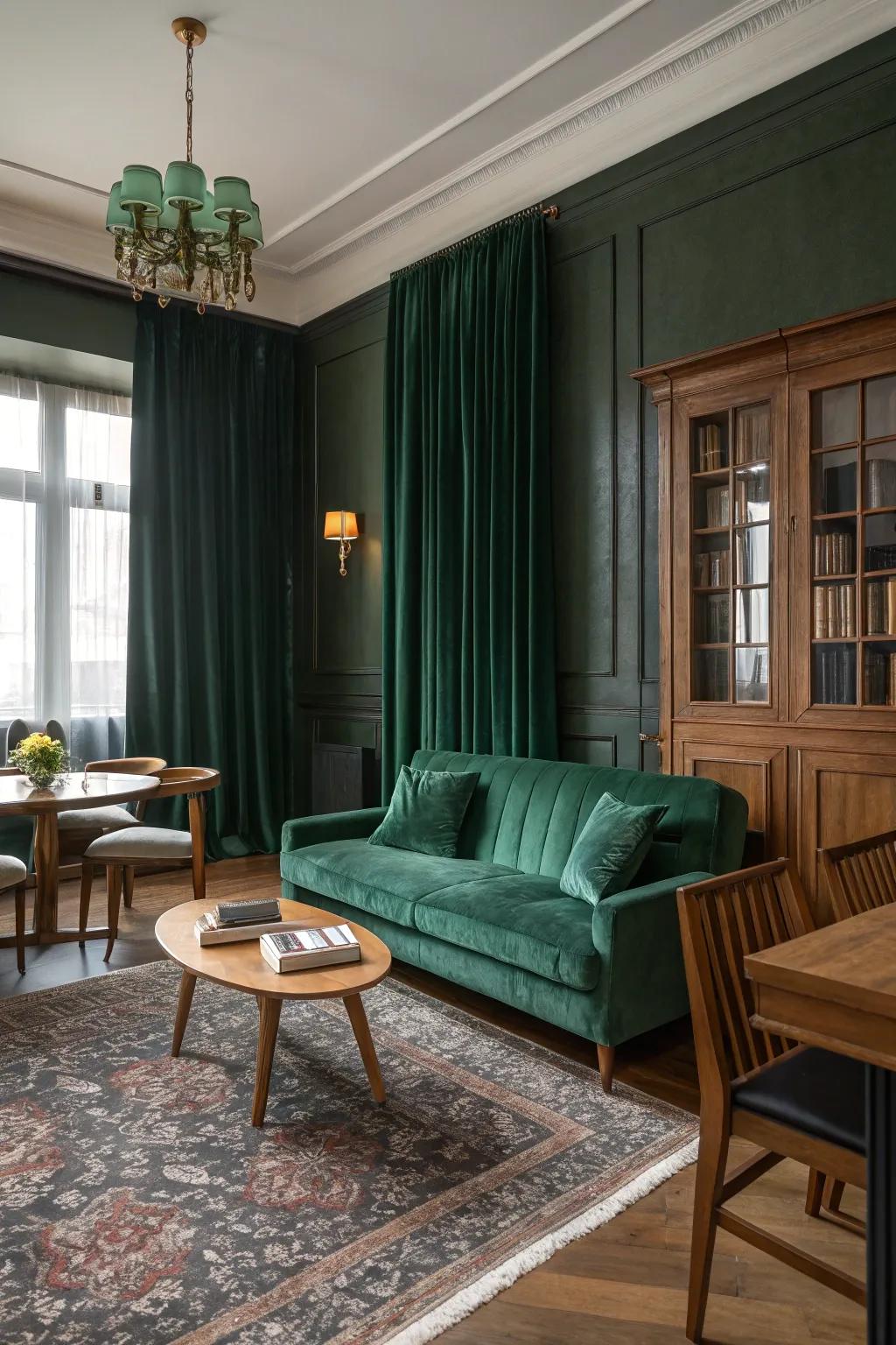 Wood elements blend beautifully with deep green for a well-balanced look.