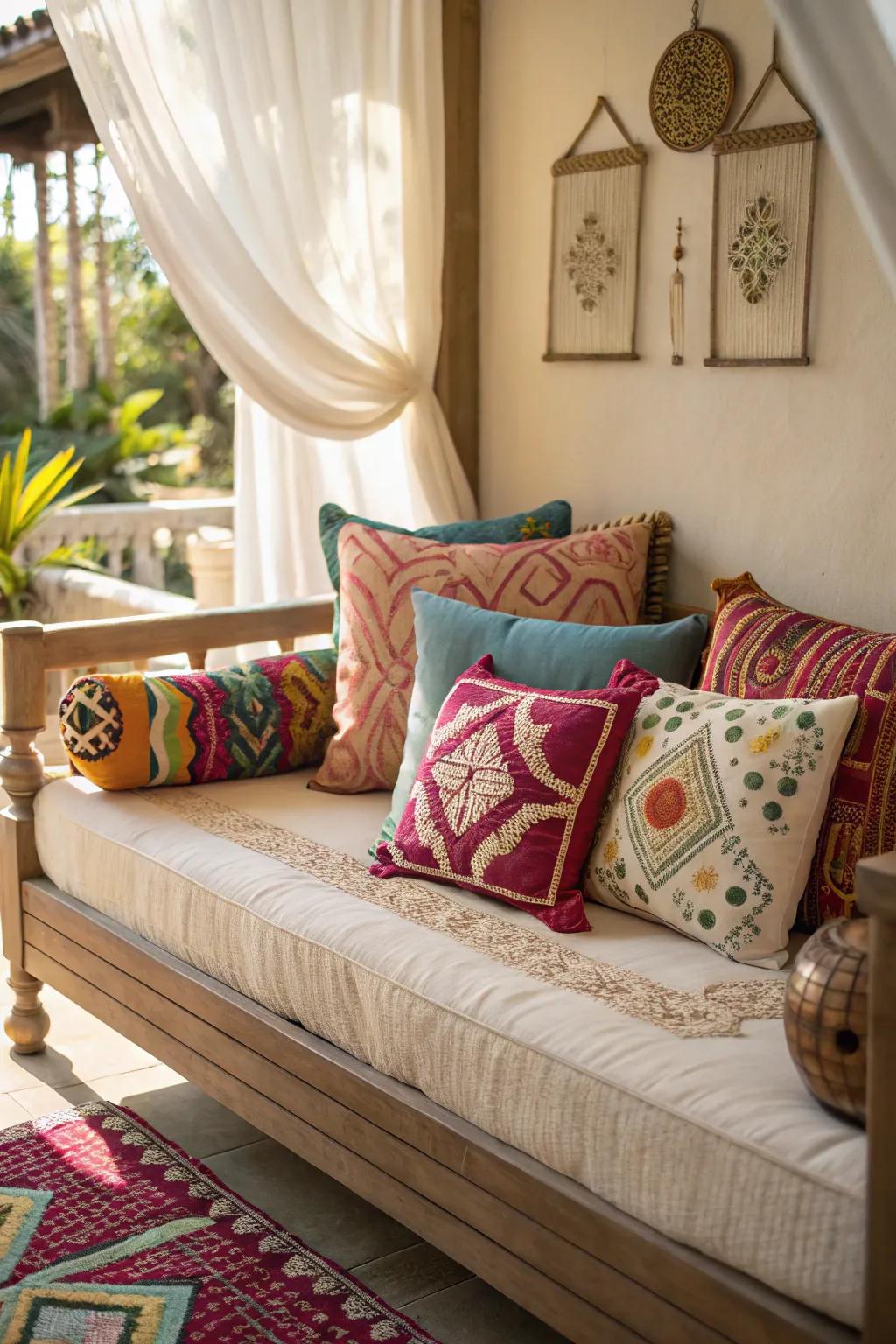 An array of decorative cushions adds charm and comfort to a daybed.