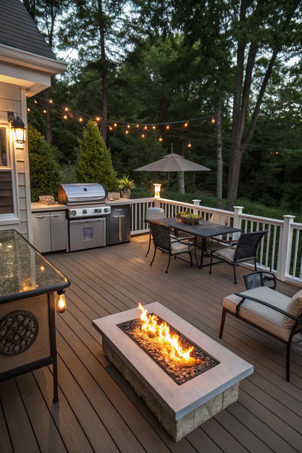 A deck set up for hosting, featuring a fire pit and external cooking station.