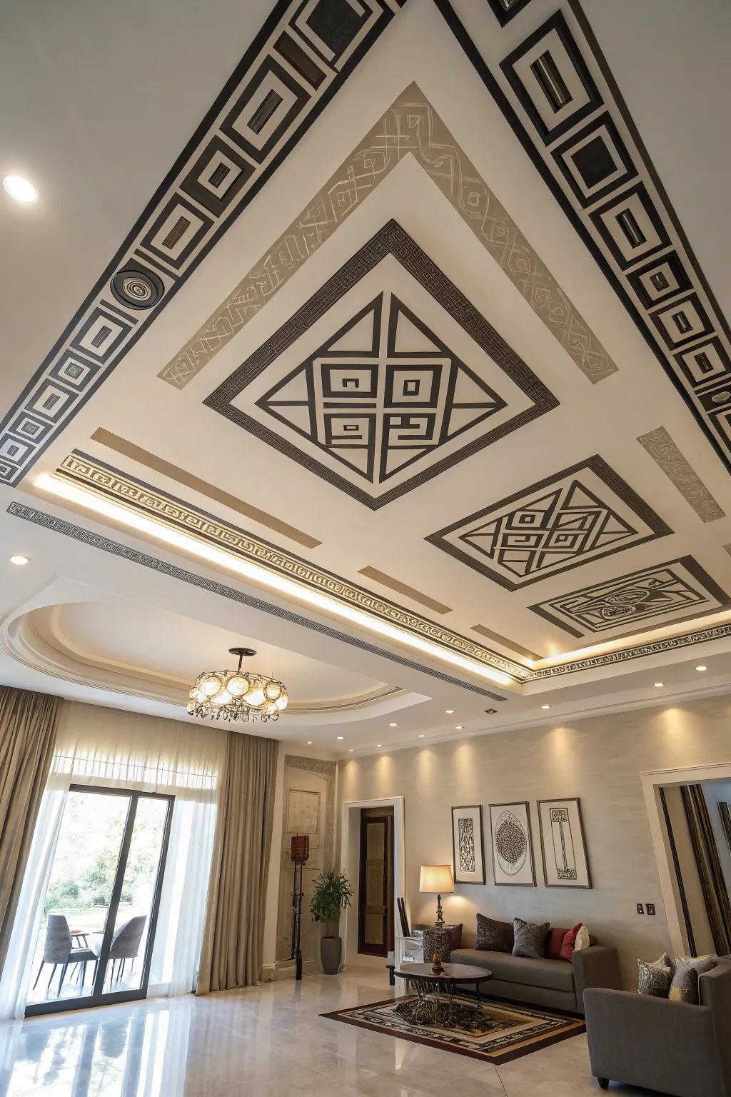 Geometric layouts transform ceilings into focal points.